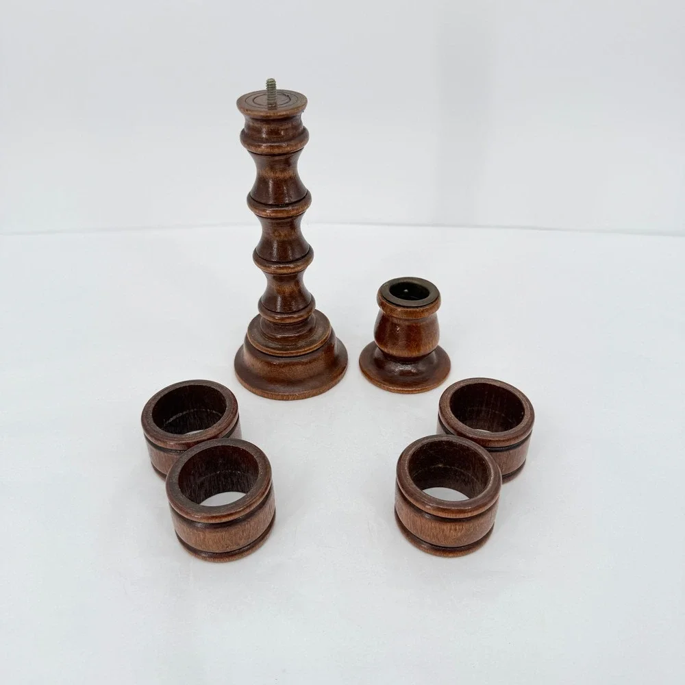 Carved Wood Candlestick Removable Napkin Ring Set Vintage‎ MCM Table Decor Brown